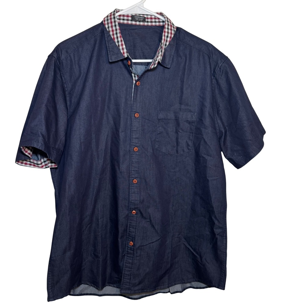 COOFANDY Mens Denim Short Sleeve Button Up Shirt Red Plaid Collar Size L - Picture 2 of 7